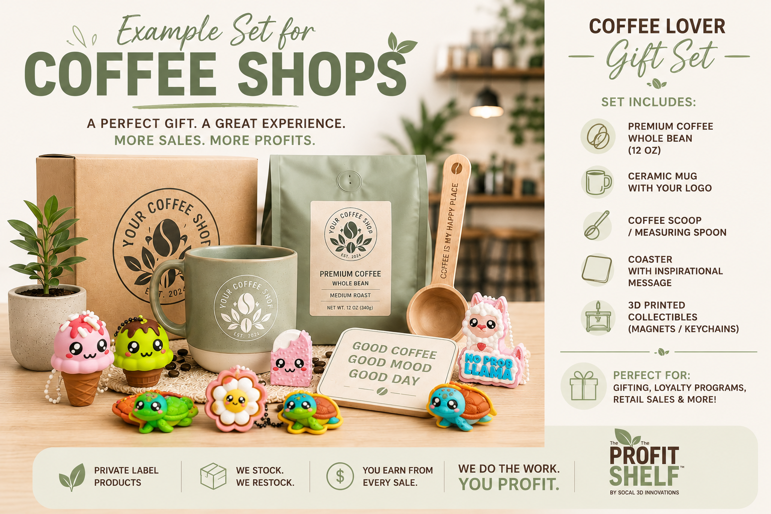 Example coffee shop gift set — custom branded mug, coffee bag, scoop and coaster with your logo